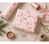 Cute Pink Gingerbread Girl Gift Wrap with Custom Name - Personalised Christmas Gift Wrap for Girls, Kids & Baby - Candy Cane, Cupcake & Bow Christmas Wrapping Paper (3 Meters)