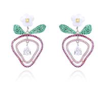 Cute Pink Hollow Strawberry Earrings for Women Dangle Sweet Strawberry Earrings with White Flower and Green Leaf Crystal Colorful Fruit Statement Earrings Trendy Summer Party Jewelry Gifts for Women