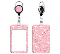 Cute Pink ID Badge Holder Love Heart Retractable Badge Holder Reel Clip with ID Holder for Keys ID Badges for Women Kids Girls Nurses Teachers Vertical ID Holder Heavy Duty Keychain for School Work ID