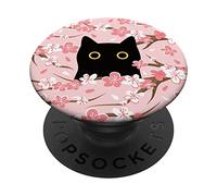 Cute Pink Japanese Cherry Blossom Black Cat Aesthetic PopSockets Adhesive PopGrip