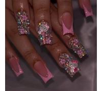 Cute Pink Kitty Press on Nails,Kawaii Cartoon False Nails with Rhinestone Decorate,Long Trapezoid Coffin Y2K Fake Nails,Novel French Nail Art for Women Girls(24PCS)