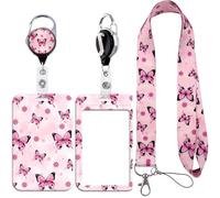 Cute Pink Lanyard with ID Holder Monarch Butterfly Badge Cover and Retractable Badge Reel Clip, Strap Neck Lanyard with Lobster Clasp for Badge Holder Women Teacher Girls Student