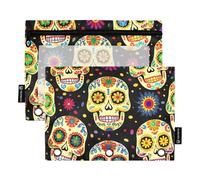 Cute Pink Pencil Pouch 3 Ring Binder Colorful Sugar Skull Skeletons Floral Pen Pencil Bags with Zipper School Binders Clear Pockets Storage 9.8" x 7.1", 2 Packs