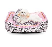 Cute Pink Puppy Sleeping Mat Bed with Leopard Pattern Round Square Shape Cat Dog Sofa Bed Pet House Nest Cave (S, Square Bed)