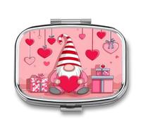 Cute Pink Red Gnome Holding A Heart Pill Box 2 Compartment Portable Medicine Pill Case Travel Pill Organizer for Pocket Purse