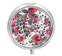 Cute Pink Rose Mix Leopard Pattern Pill Box 3 Compartment Round Small Pill Box for Pocket Purse Metal Travel Pill Case Portable Daily Pill Organizer Cute Compact Medicine Organizer Mini Pill Container