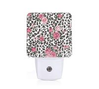 Cute Pink Rose Mix Leopard Pattern Plug-in Led Night Light with Motion Sensor Dusk to Dawn Sensor Backlit Nightlight for Bedroom Bathroom