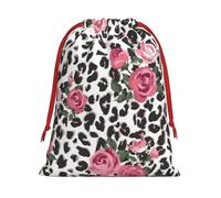 Cute Pink Rose Mix Leopard Pattern Print Christmas Drawstring Gift Bags, Xmas Holiday Fabric Gift Wrapping Bag For Party, Size-L