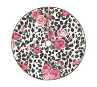 Cute Pink Rose Mix Leopard Pattern Print Christmas Tree Skirt,New Year Winter Christmas Tree Decoration,Suitable For Family Parties