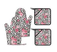 Cute Pink Rose Mix Leopard Pattern Print Heat-Resistant Gloves And Pad For Baking, Grilling, Microwaving & Outdoor Barbecue