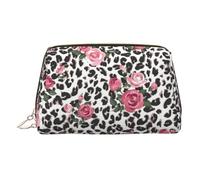 Cute Pink Rose Mix Leopard Pattern Print Premium Leather Toiletry Travel Pouch with Waterproof Portable Pouch Open Flat Makeup Bag