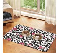 Cute Pink Rose Mix Leopard Pattern print PU Leather Feeding Mat for Dogs Cats Pet Food Mat Absorbent Non-Slip Rubber Bottom