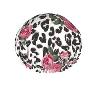 Cute Pink Rose Mix Leopard Pattern Print Shower Cap, Lined Shower Cap For Women Reusable, Double Layer Waterproof Bath Cap