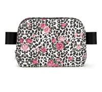 Cute Pink Rose Mix Leopard Pattern Print Waterproof Sling Bag with Large Opening Side Bag Durable Waist Pack for Running Cycling Travel