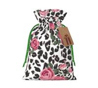 Cute Pink Rose Mix Leopard Pattern Printed Christmas Drawstring Bags with Green Christmas Ribbon - Reusable Burlap Drawstring Gift Pouches, S