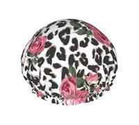 Cute Pink Rose Mix Leopard Pattern Printed Hair Wrap, Double Layer Shower Cap For Women, Reusable Hair Protector For Bathing