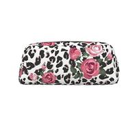 Cute Pink Rose Mix Leopard Pattern Printed Pencil Bag with Silver Zipper | Faux Leather Pencil Cases, Aesthetic Pencil Pouch, Makeup Bag Cosmetic Bag for Office Travel
