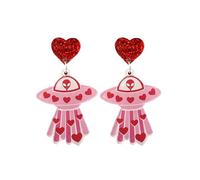 Cute Pink UFO Heart Love Glitter Valentine's Day Dangle Drop Earrings for Women Girls Dainty Lightweight Acrylic Spaceship Aliens Stud Statement Dangling Hanging Hypoallergenic Fashion Y2K Jewelry