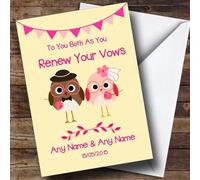 Cute Pink & Yellow Owls Personalised Renewal Of Vows Card - Personalised Renewal Of Vows Card, Congratulations On Renewing Your Vows