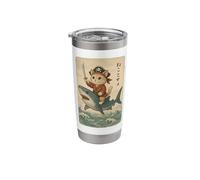 Cute Pirate Cat Riding Shark Vintage Japanese Wave Art Style Stainless Steel Insulated Tumbler