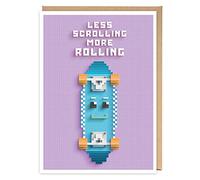 Cute Pixel Art Birthday Greeting Card, Skater Skateboard Skateboarding, Less Scrolling More Rolling