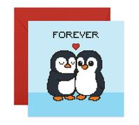 Cute Pixel Penguin Love Card - Anniversary or Valentines Day Card for Partner Boyfriend Girlfriend Husband Wife Couple Babe Bae Spouse Him Her - Heart -Comes with Stickers
