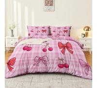 Cute Plaid Bow Cherry Duvet Cover Set Soft Comforter, Print Pattern 3 Piece Bedding Set with Pillowcase Pink All Season Decorative Quilt Cover for Kids Adults 200 x 200 cm