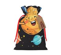 Cute Planet Printed Christmas Drawstring Bags for Christmas Party Xmas Gift Wrapping, Red Ribbon, S