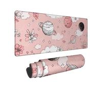 Cute Planetary Floral Large Gaming Mouse Pad, Peach Space Cloud Design Stitched Edge Mousepad, Rubber Non-Slip Washable Pad for Home, Office & Laptop Use 16x36 Inch