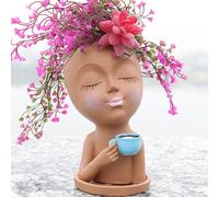 Cute Planters, Face Planter with Tray Lady Drinking Coffee Face Pots for Plants Waterproof Resin Cute Plant Pots Coffee Lady Pot Head Succulent Pots for Indoor Outdoor 4x7.8 Inch Brown, Pot Head