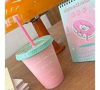 Cute Plastic Water Cup with Straw Lid for Summer Drinking for Girls 9.8cm (Summer Coffee Shop 470ml)