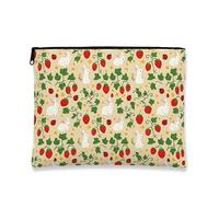 Cute Playful Cosmetic Bag, Strawberry Rabbit Print Portable Small Canvas Zipper Pouch, Spring Travel Toiletry Organizer, beige, 7x9 Inch, Strawberry