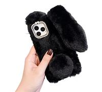 Cute Plush Bunny Case Compatible with Apple iPhone 13 Case Fluffy 3D Ear Lovely Rabbit Soft TPU Bumper Cover Sparkling Glitter Diamond Camera Funny Kawaii Case Shockproof Cover(Black)