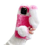Cute Plush Bunny Case Compatible with Samsung Galaxy A22 5G Case Fluffy 3D Ear Colorful Rabbit Soft TPU Bumper Cover Sparkling Glitter Diamond Camera Funny Kawaii Case Shockproof Cover(Pink)