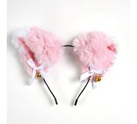 Cute plush cat ears Bell bow animal ear headband collection: multi-color optional cat and fox ear hair accessories (Pink + white)