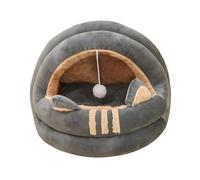 Cute plush hooded 2-in-1 non-slip bottom cat bed, a comfortable bed for indoor cats or small dogs(Grey,S 35CM)