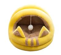 Cute plush hooded 2-in-1 non-slip bottom cat bed, a comfortable bed for indoor cats or small dogs(Yellow,S 35CM)