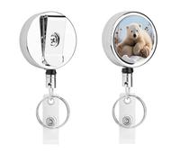 Cute Polar Bear Animals Retractable Badge Holder Reel Heavy Duty Retractable Keychain with Belt Clip Metal Lanyard Clip Name Card Holder for Doctor Teacher Office Work Supplies