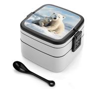 Cute Polar Bear Bento Box with Spoon & Handle - 2 Compartment Leak-Proof Stackable Lunch Box for Adults, BPA-Free Reusable Food Containers for Work, Travel, Picnic