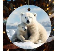 Cute Polar Bear Ceramic Christmas Ornaments - 4 Pcs Rustic Round Xma Tree Decor with Hanging String, Personalized Vintage Double-Sided Holiday Party Decorations for Xmas Gifts