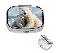 Cute Polar Bear Pill Box 2 Compartment Square Portable Pill Case for Pocket or Purse Small Weekly Medicine Planner Travel Pillbox with Mirror Decorative Metal Vitamin Holder Gifts