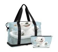 Cute Polar Bear Retro Bathtub Travel Tote Gym Bag Carry On Shoulder Weekend Tote with Toiletry Bag for Airplane Traveling Large Capacity, cute Polar bear Retro bathtub, One Size