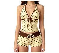 Cute Polka Dot Swimsuit Tankini for Women 2 Pieces Bikini Sets Halterneck Backless Deep V Tankini Top with Lace Up Strap Shorts Sexy Bohe Bathing Suits Teen Bikini Set (Khaki, S)