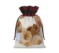 Cute Pomeranian Christmas Drawstring Linen Gift Bag Paired With Scottish Plaid Fabric, With A Delicate And Simple Texture