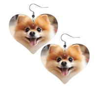 Cute Pomeranian dog Prints Leather Heart earrings Pendant Stylish and light Lightweight Dangle for Women Girls, One Size, Leather, No Gemstone