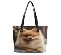 Cute Pomeranian Dog Tote Bag Large Soft Leather Purse with Zipper Lightweight Ladies Shoulder Handbag