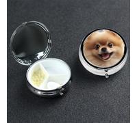 Cute Pomeranian Pill Box with Mirror 3 Compartment Decorative Pill Case for Purse or Pocket Small Round Pill Organizer Weekly Metal Medicine Tablet Vitamin Holder Travel Gift