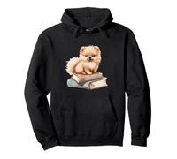 Cute Pomeranian Puppy on Books Watercolor Art Pullover Hoodie