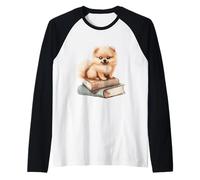 Cute Pomeranian Puppy on Books Watercolor Art Raglan Baseball Tee