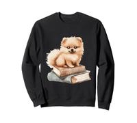 Cute Pomeranian Puppy on Books Watercolor Art Sweatshirt